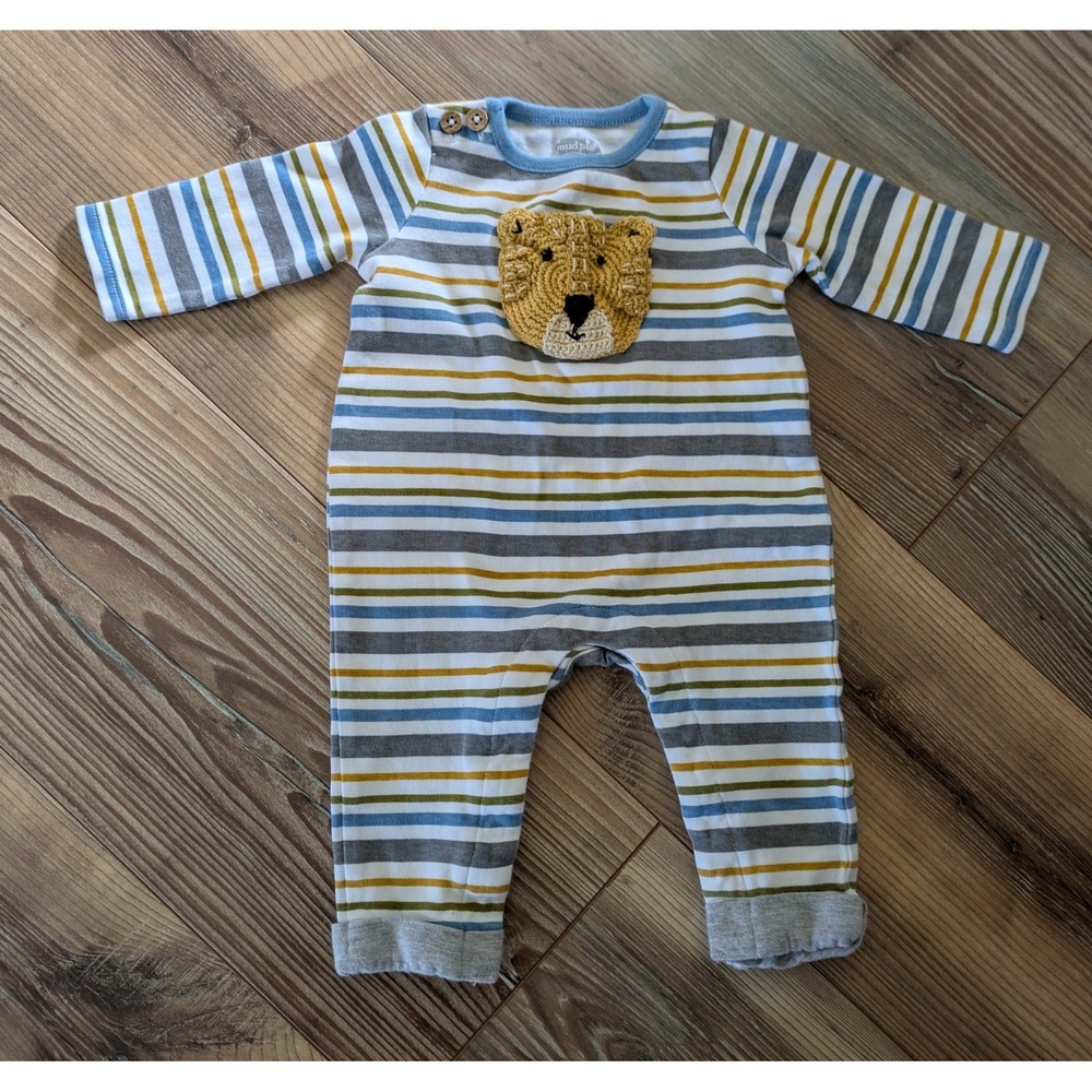 Mud Pie Boys Multicolor Striped Long Sleeve Snap Lion One Piece 3-6 Months